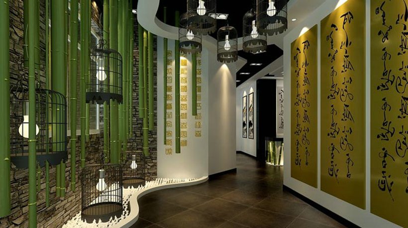 中式风格茶楼茶室背景墙装修设计效果
